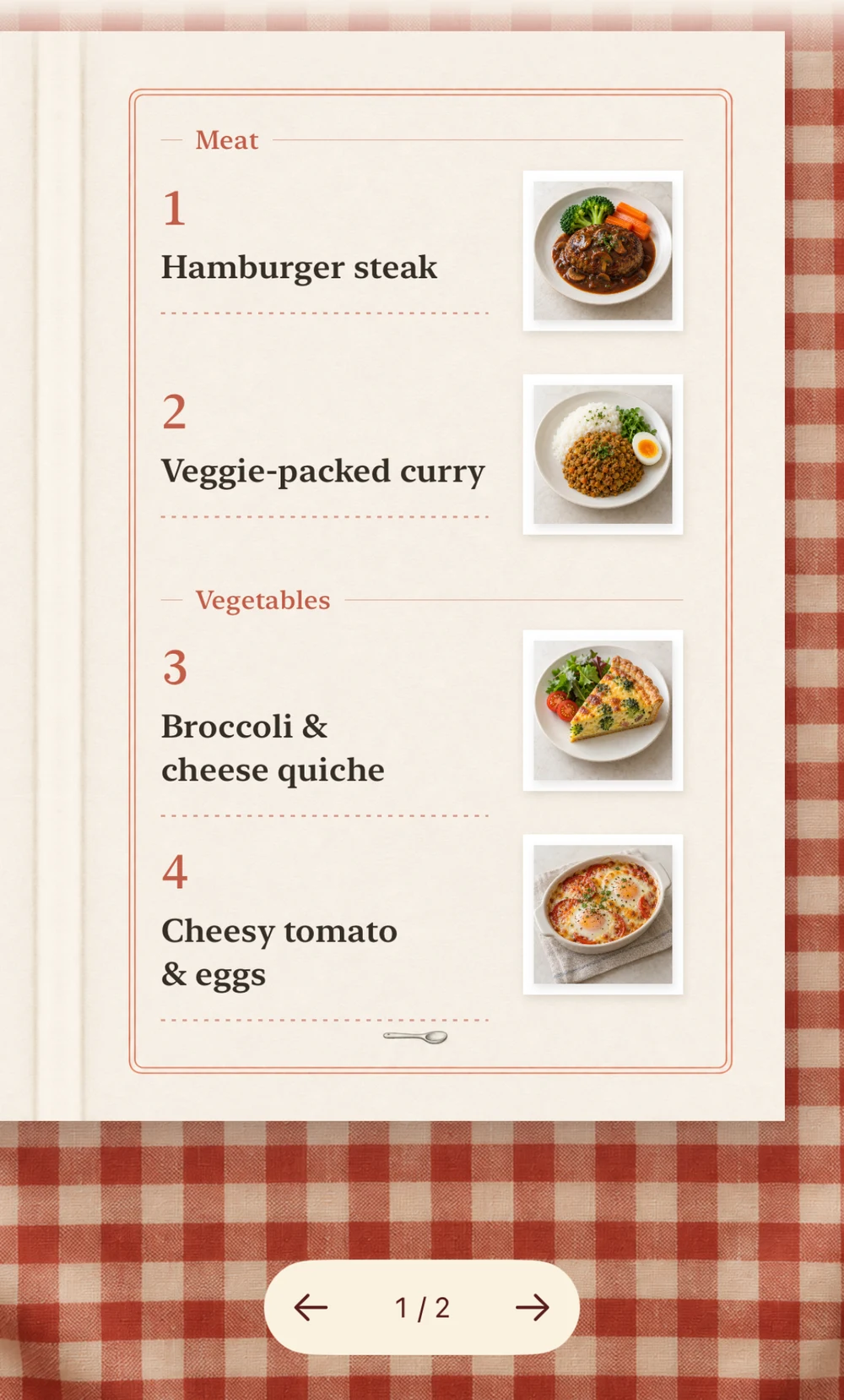 Four homemade dishes, with names and photos, on a cream menu over red gingham