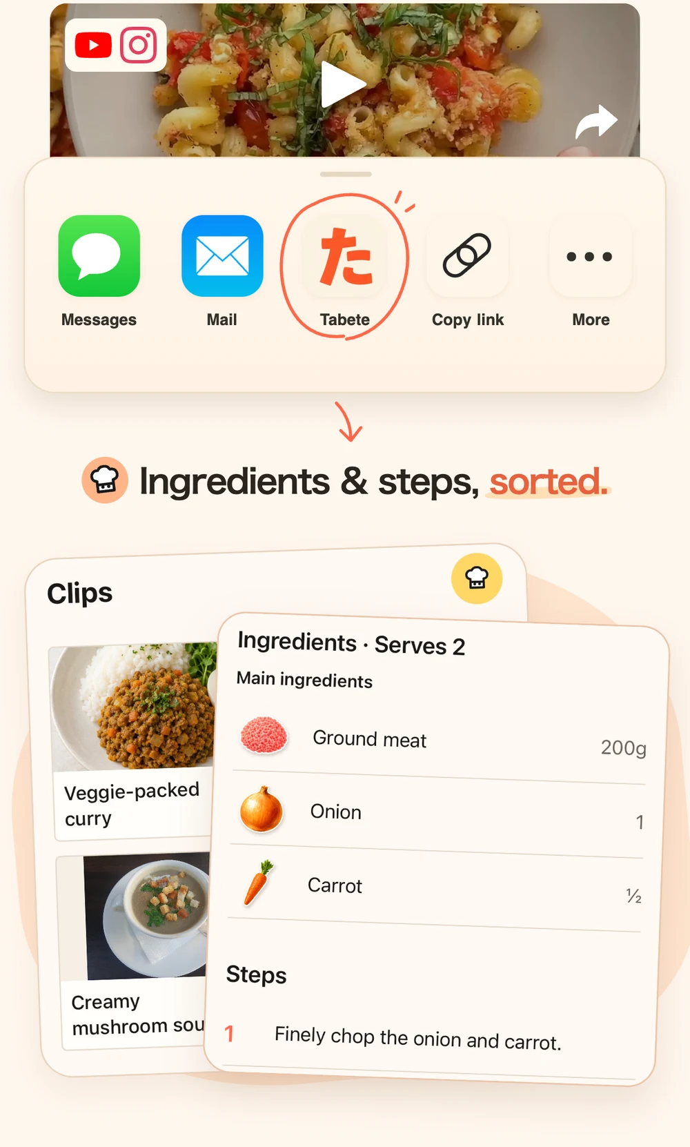 Share to Tabete to save a recipe with illustrated ingredients, amounts and cooking steps