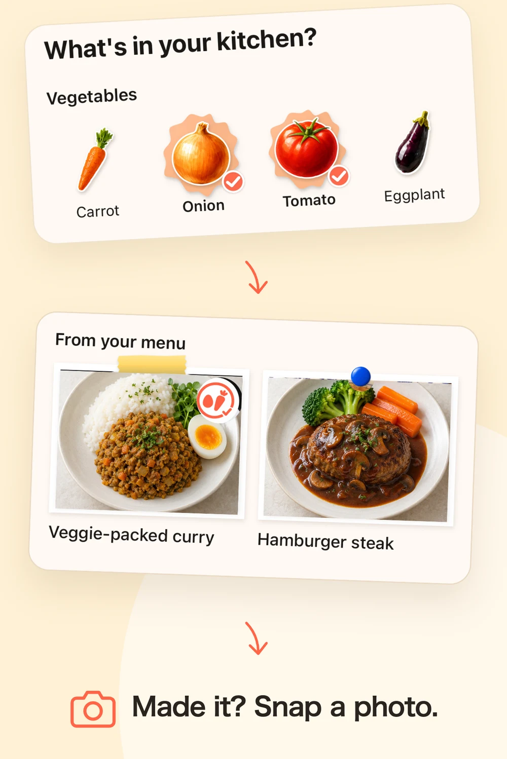 Select onion and tomato to find veggie-packed curry and hamburger steak in your menu