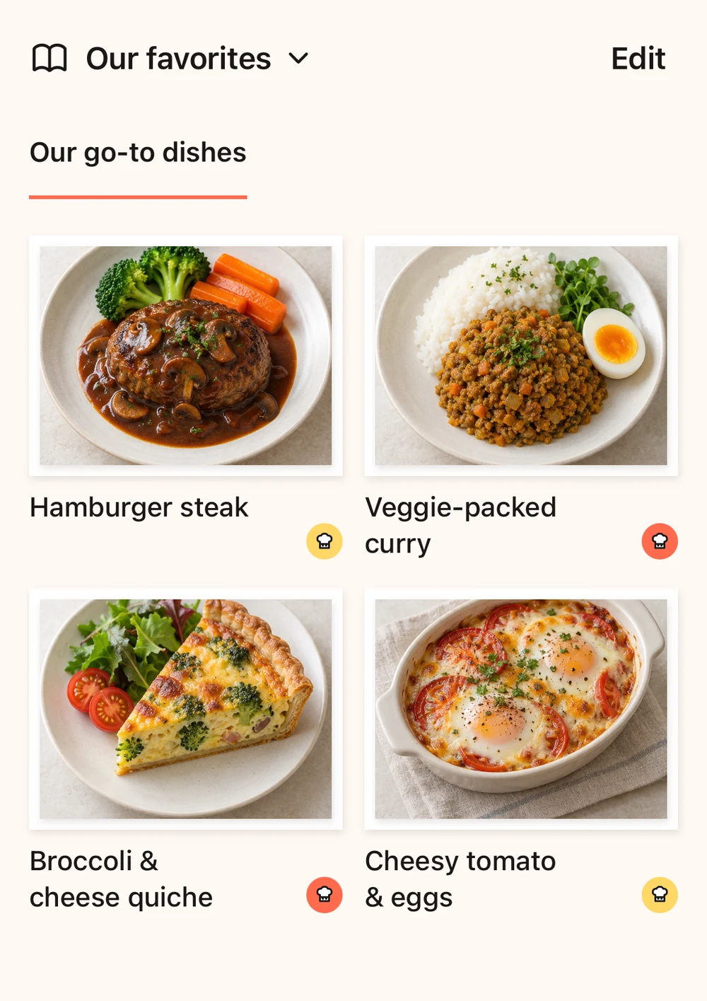 The shared Our favorites menu, with yellow and orange chef badges showing who made each dish