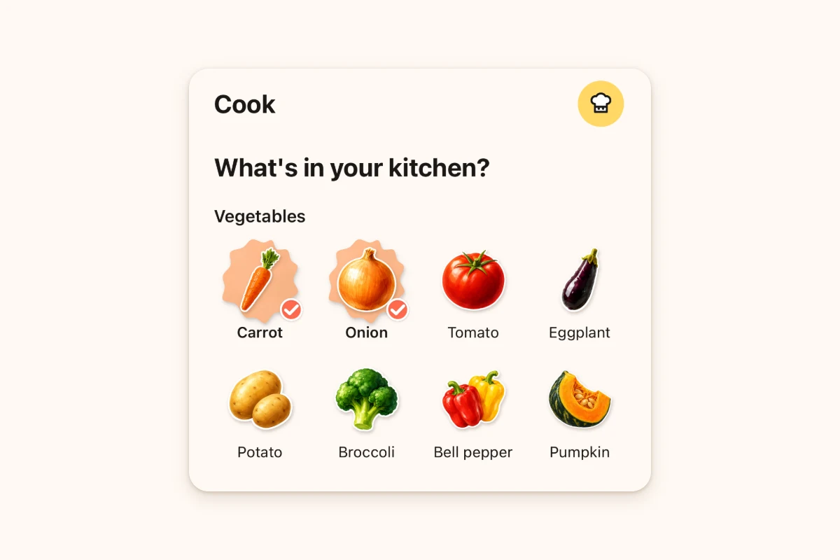 Choose the ingredients you have from illustrated ingredient cards