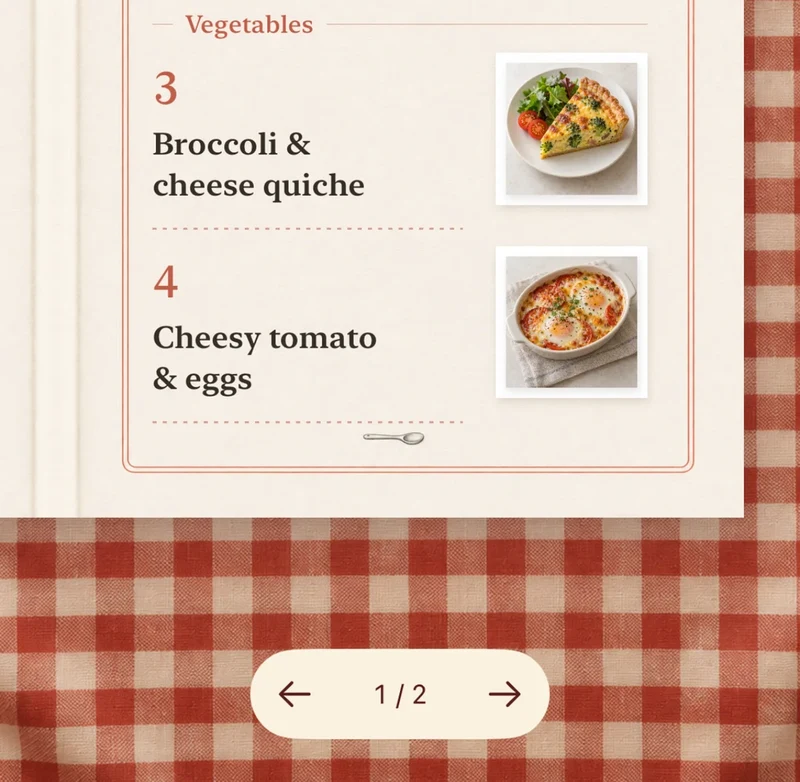A gingham menu featuring broccoli and cheese quiche and cheesy tomato and eggs